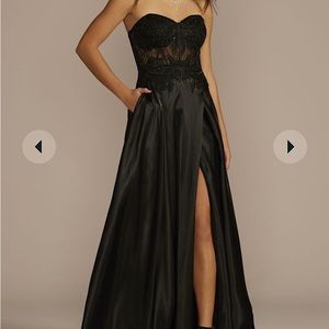 Black Strapless Corset Prom Dress with Lace Appliqué and slit